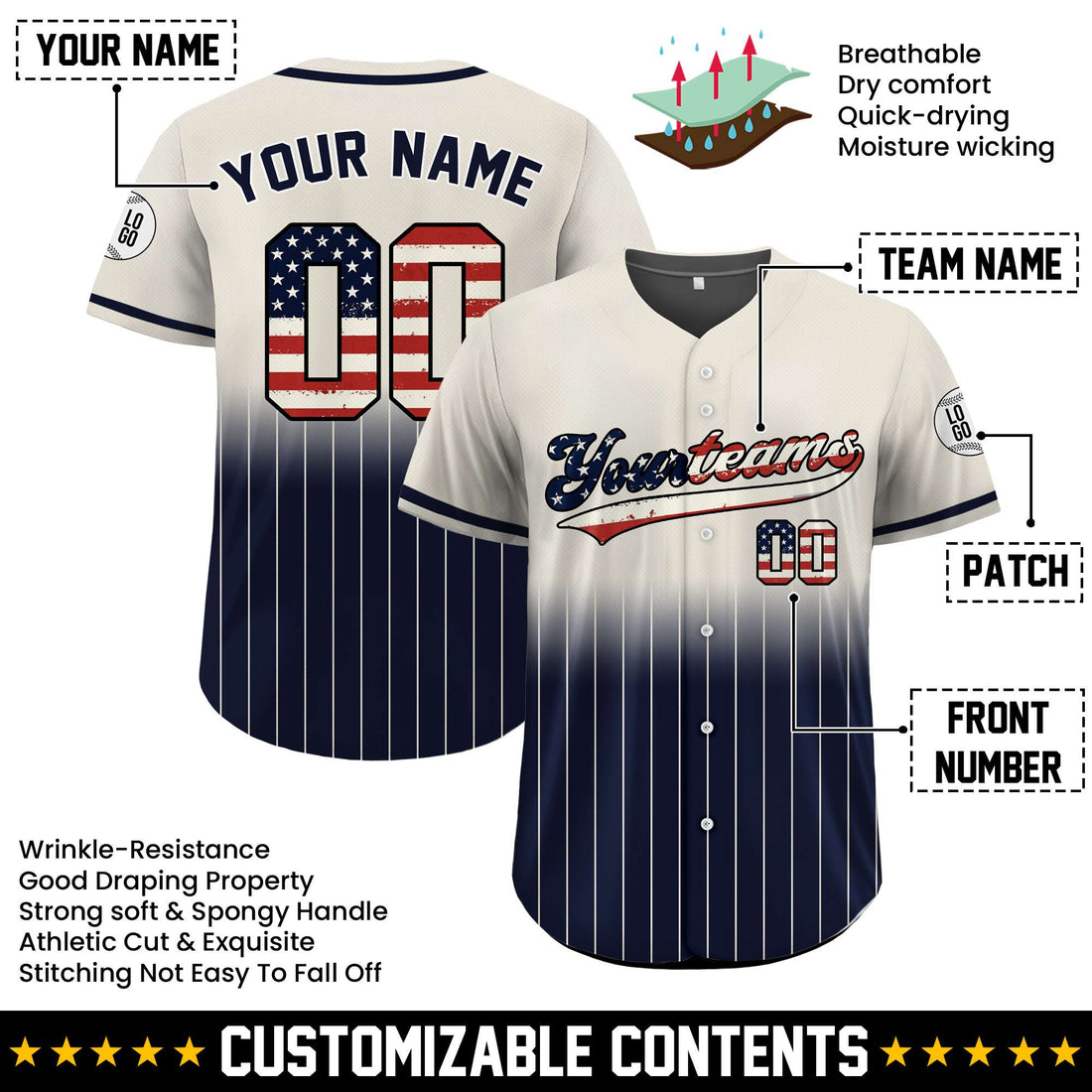 Custom USA Flag Gradient July 4th Pinstripe Jersey