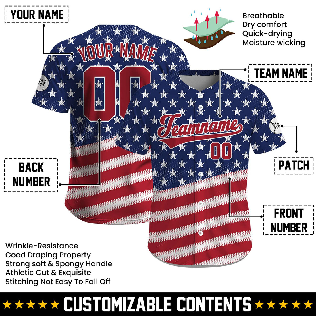 Custom USA Flag Patriot Paint Baseball Jersey