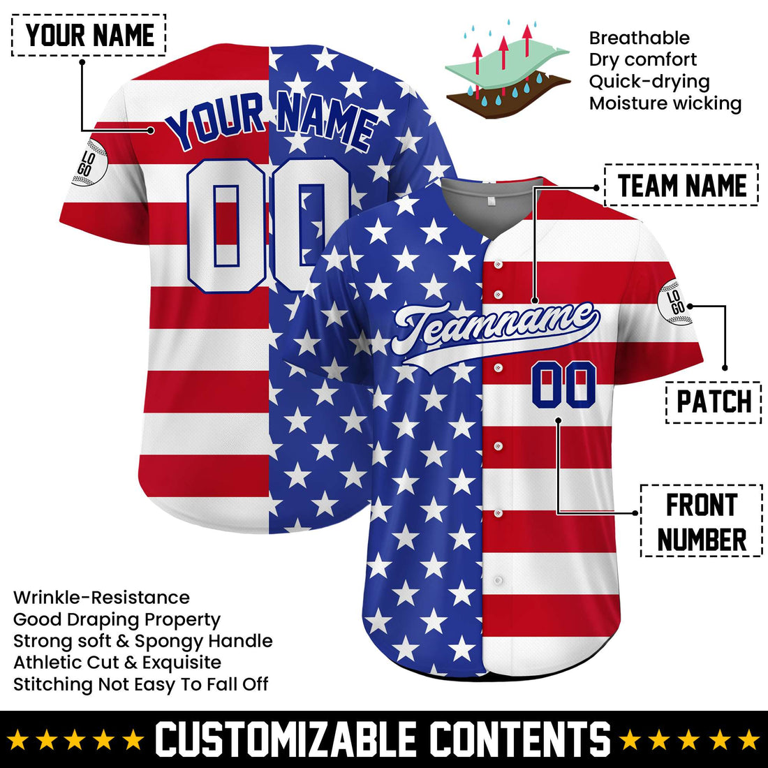 Custom USA Flag Patriot Unity Split Baseball Jersey