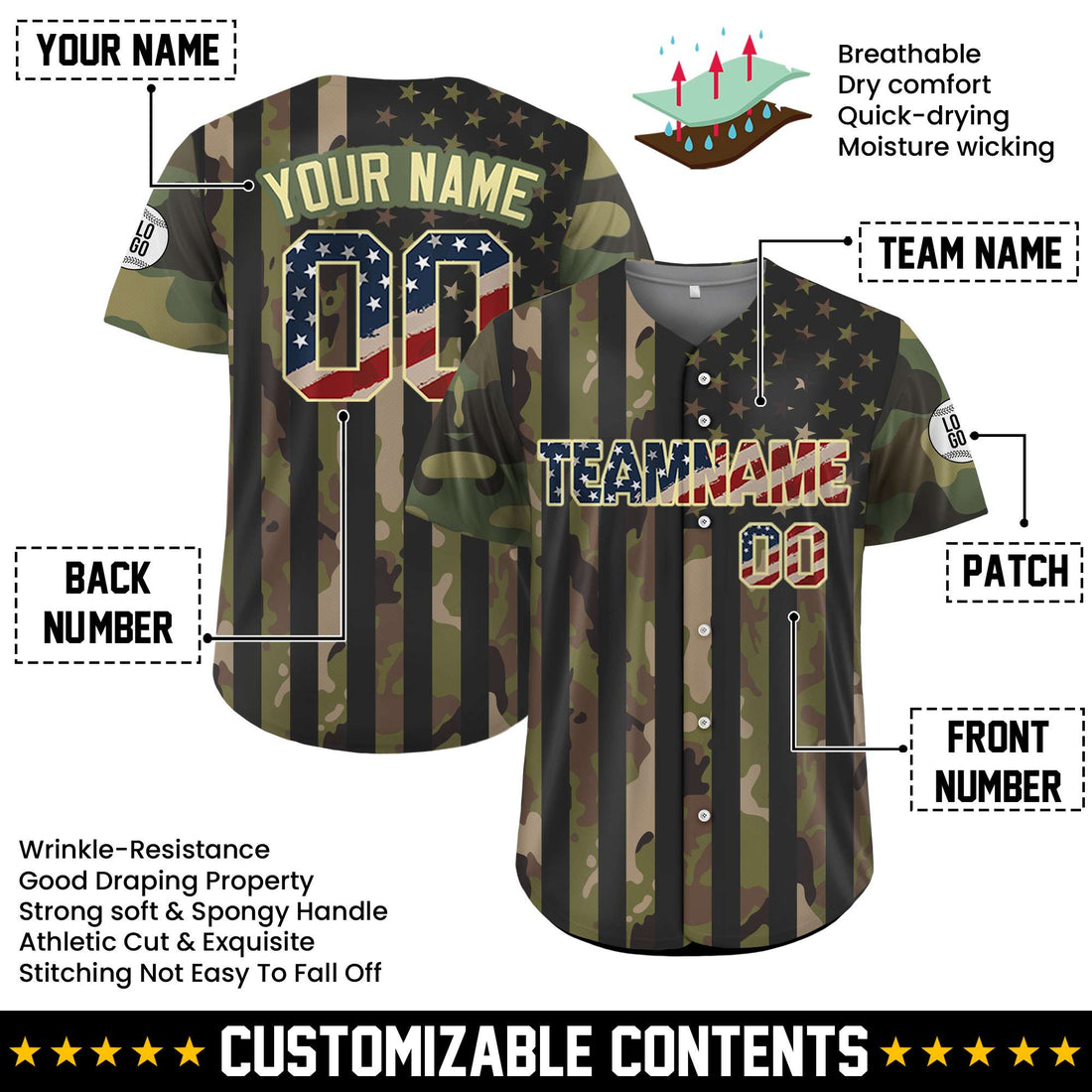 Custom USA Flag Stripe Camo Baseball Jersey
