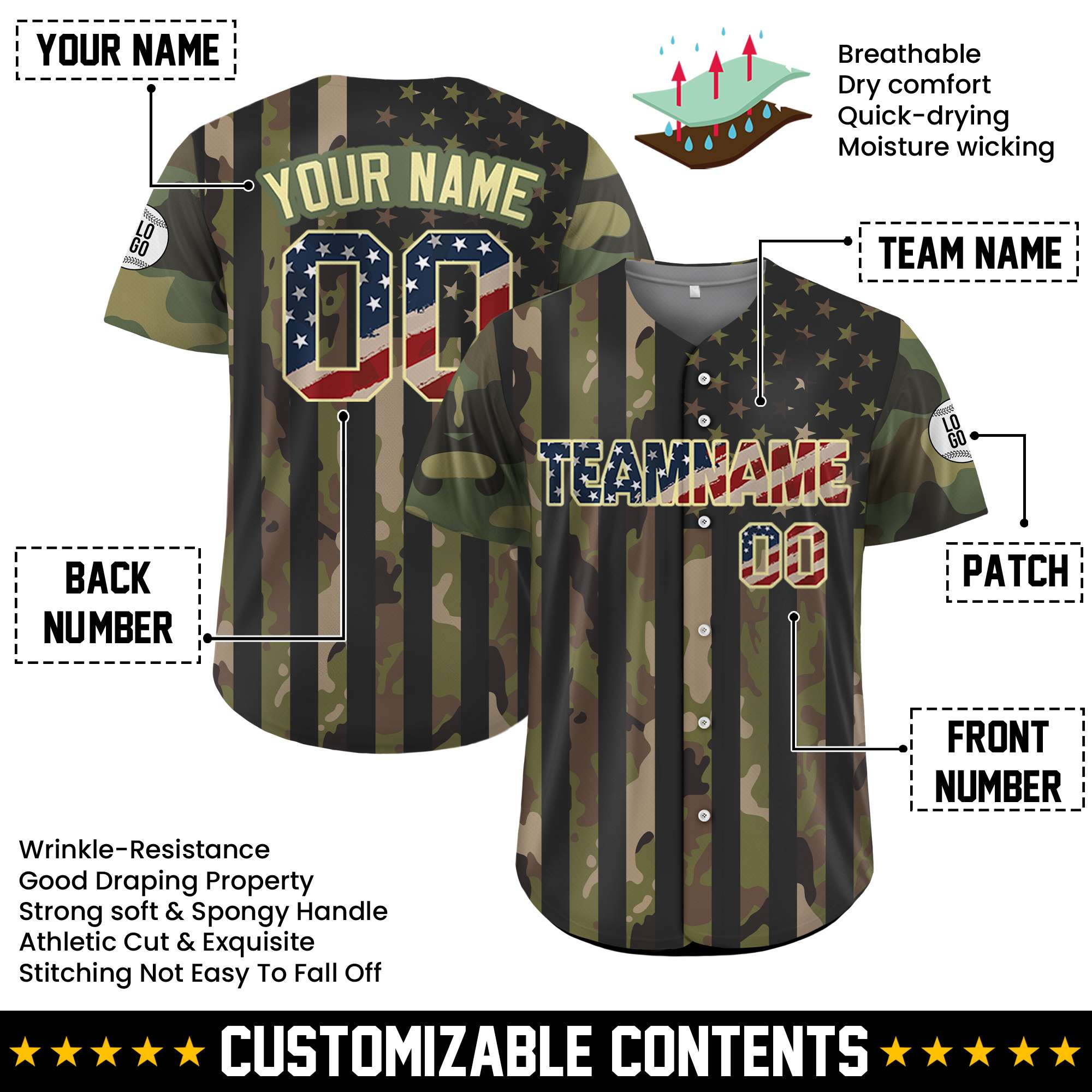 Custom USA Flag Stripe Camo Baseball Jersey