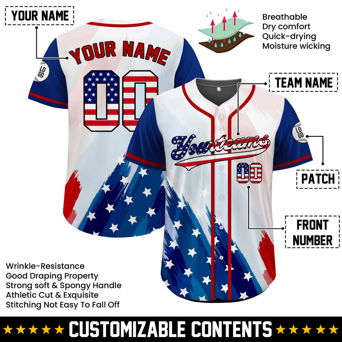 Custom USA Freedom Strokes July 4th Baseball Jersey
