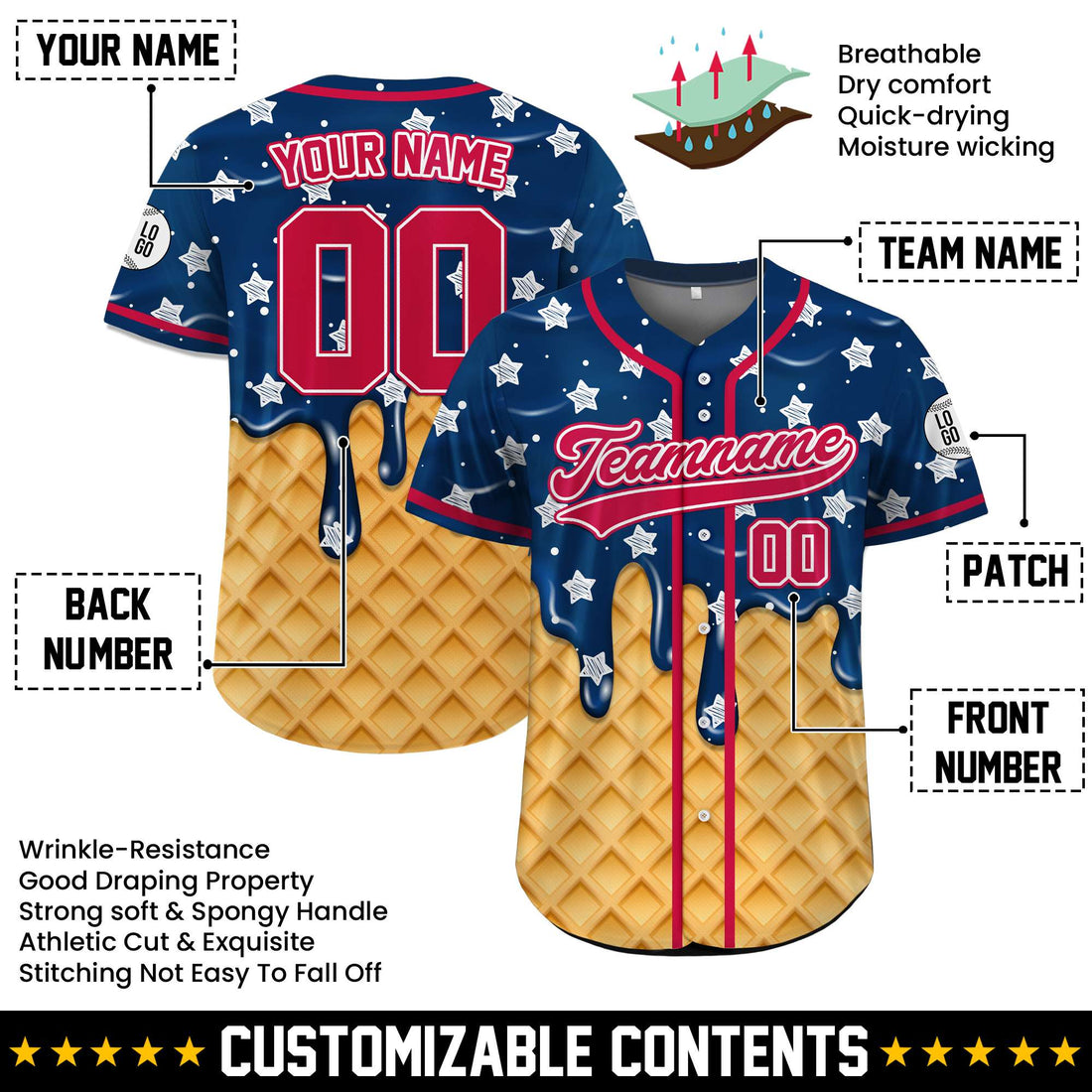 Custom USA July 4th Ice Cream Dream Baseball Jersey