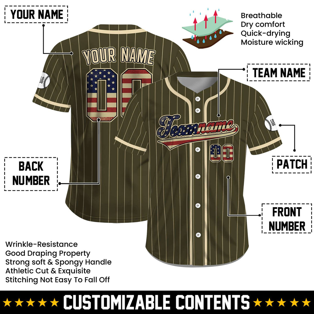 Custom USA Victory Stripes Military Green July 4th Jersey