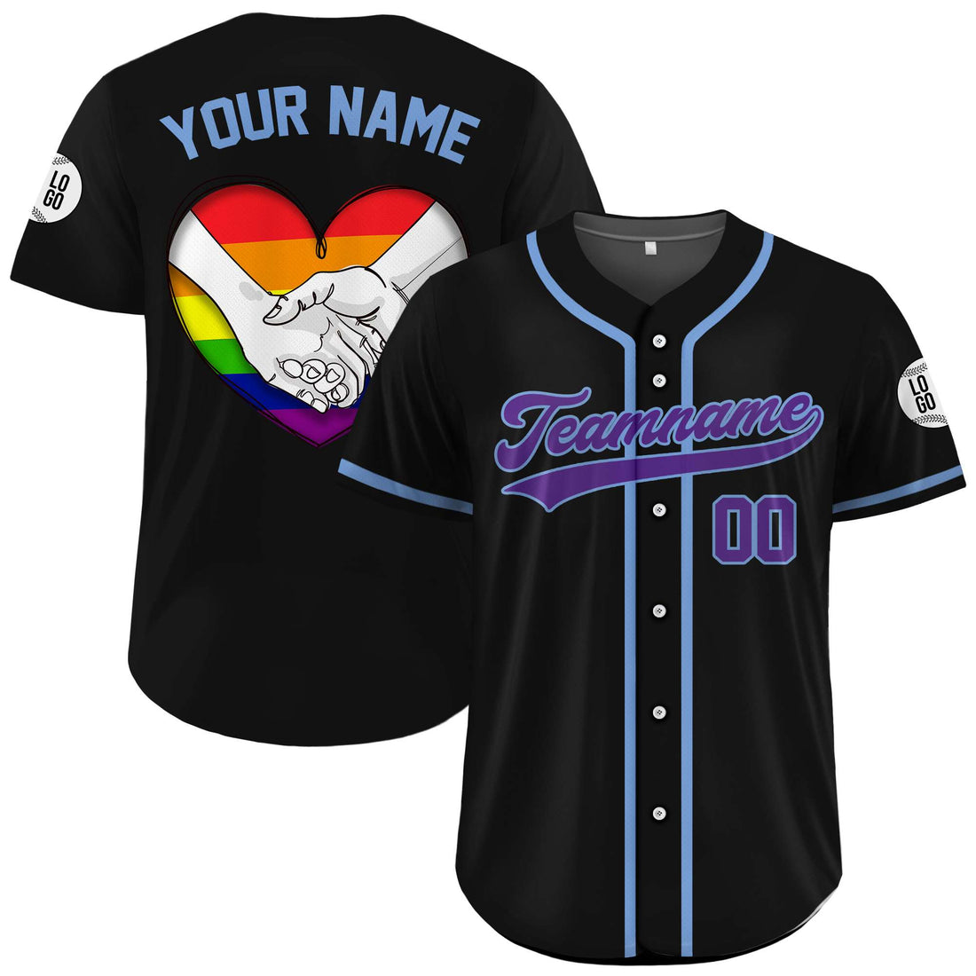 Custom Unity Hand-in-Hand Heart Pride Rainbow Black Baseball Jersey