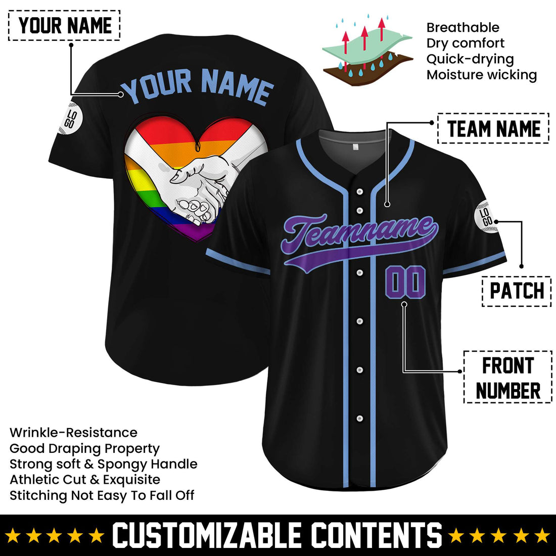 Custom Unity Hand-in-Hand Heart Pride Rainbow Black Baseball Jersey