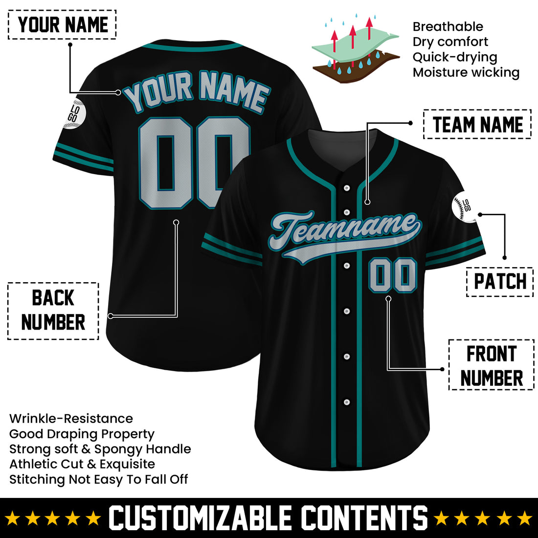 Custom Urban Ice Teal Black Baseball Jersey