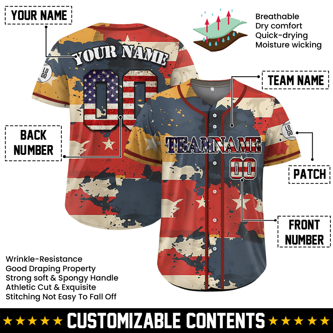 Custom Valor Flag Camo 4th of July Baseball Jersey
