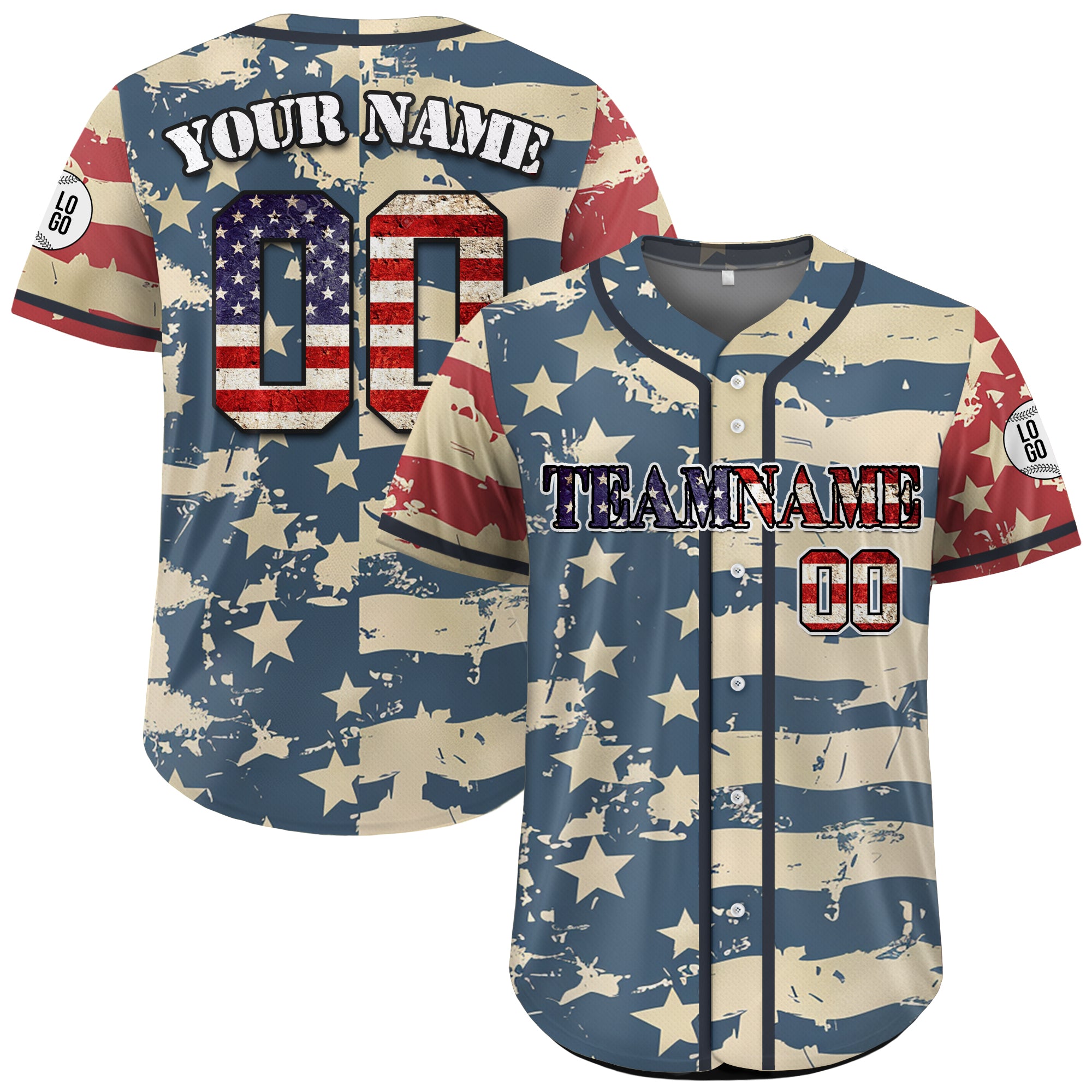 Custom Vintage Flag 4th of July Camo Baseball Jersey