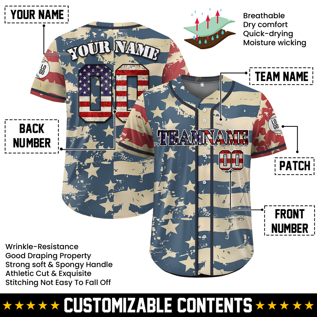Custom Vintage Flag 4th of July Camo Baseball Jersey