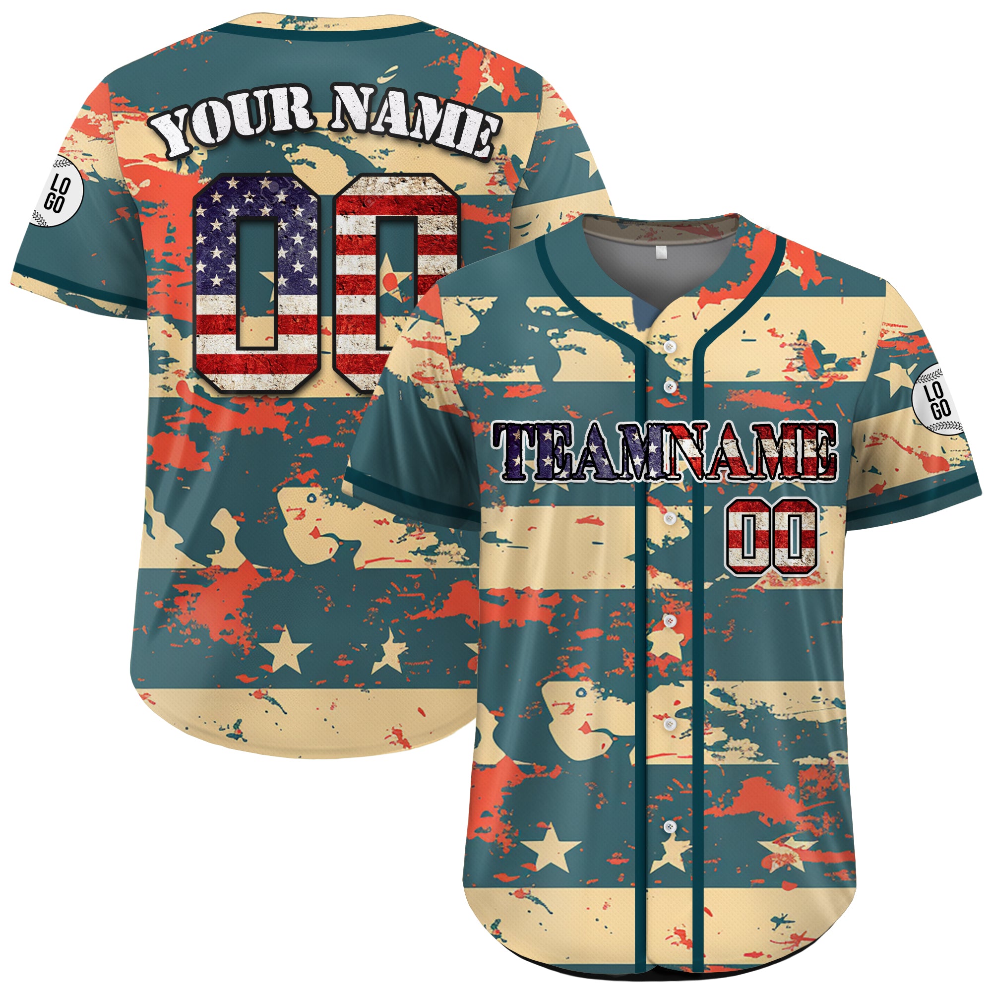Custom Vintage Patriotic Teal Camo Baseball Jersey