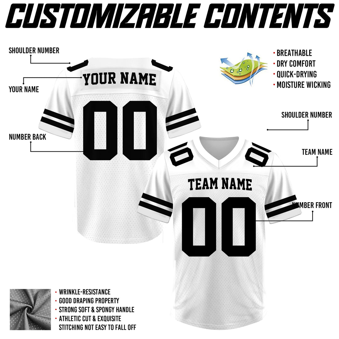 Custom White Black Football Jersey, Personalized Name Number  Logo Football Jerseys for Men Women Youth