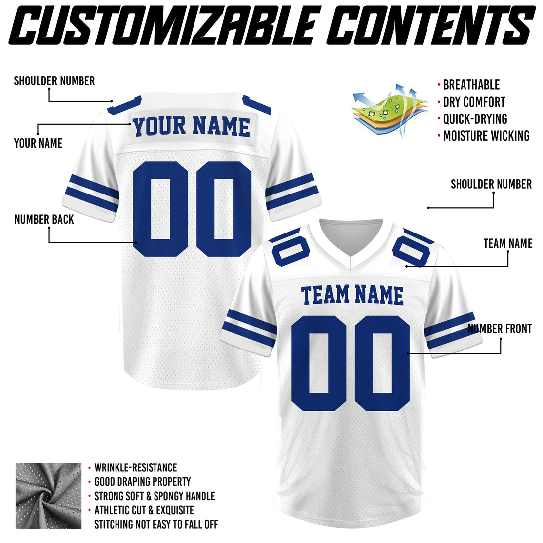 Custom White Blue Football Jersey, Personalized Football Jersey Uniform for Men Women