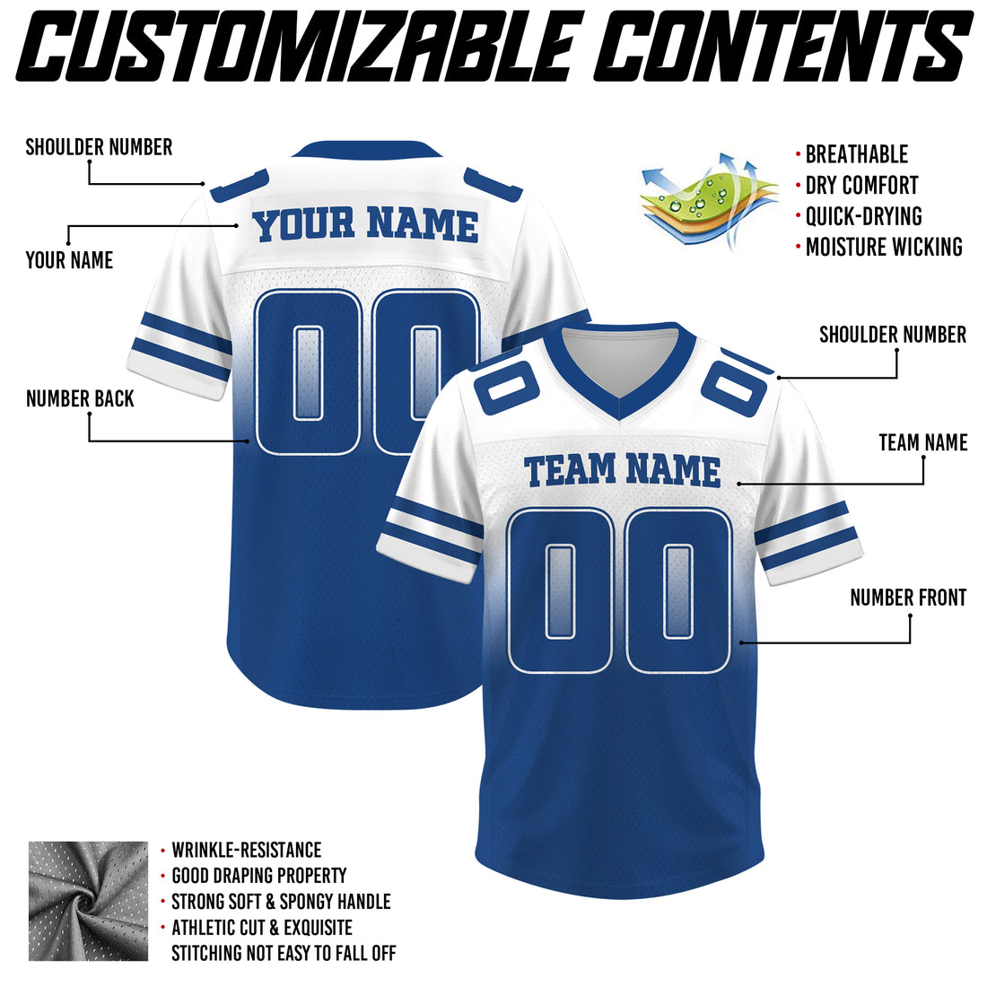 Custom White Blue Gradient Football Jersey, Personalized Team Name Number Football Jersey for Men Women Youth