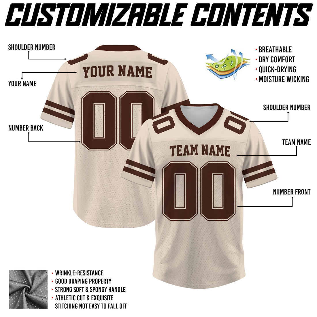 Custom White Brown Football Jersey, Personalized Team Name Number Football Jersey for Men Women Youth