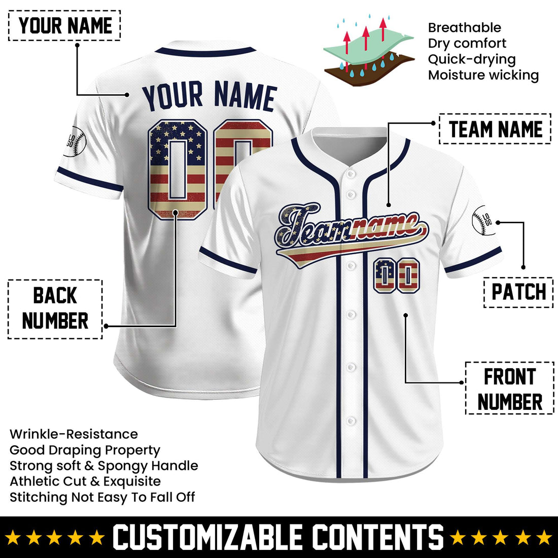 Custom White Classic America Flag July 4th Baseball Jersey