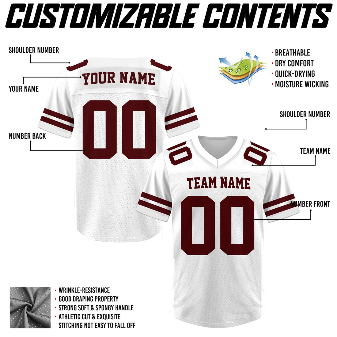 Custom White Maroon Football Jersey, Personalized Football Jersey Shirt For Adult Kid