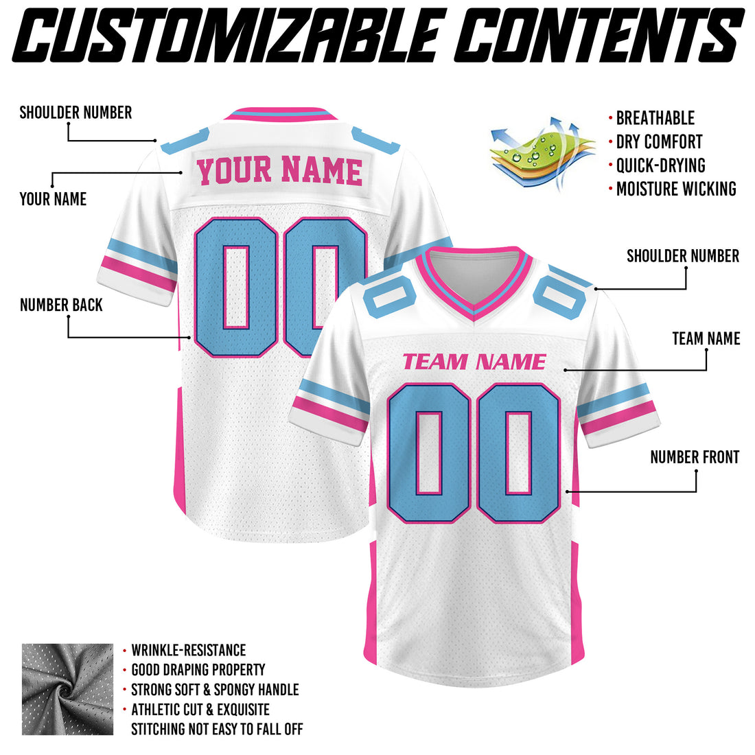 Custom White Pink Blue Football Jersey, Custom Football Jersey For Men Women Youth Kid