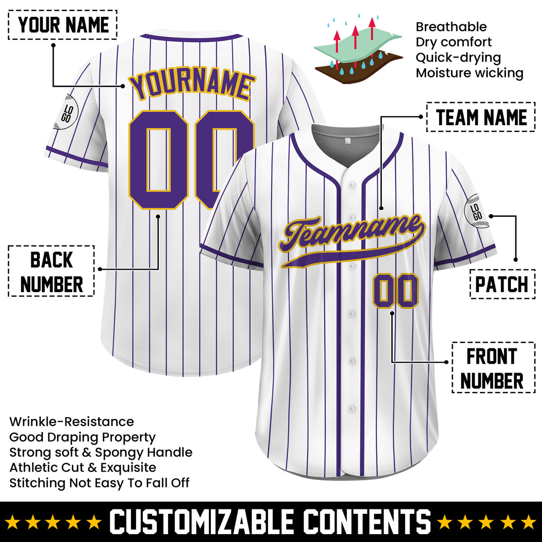 Custom White Purple Gold Pinstripe Baseball Jersey