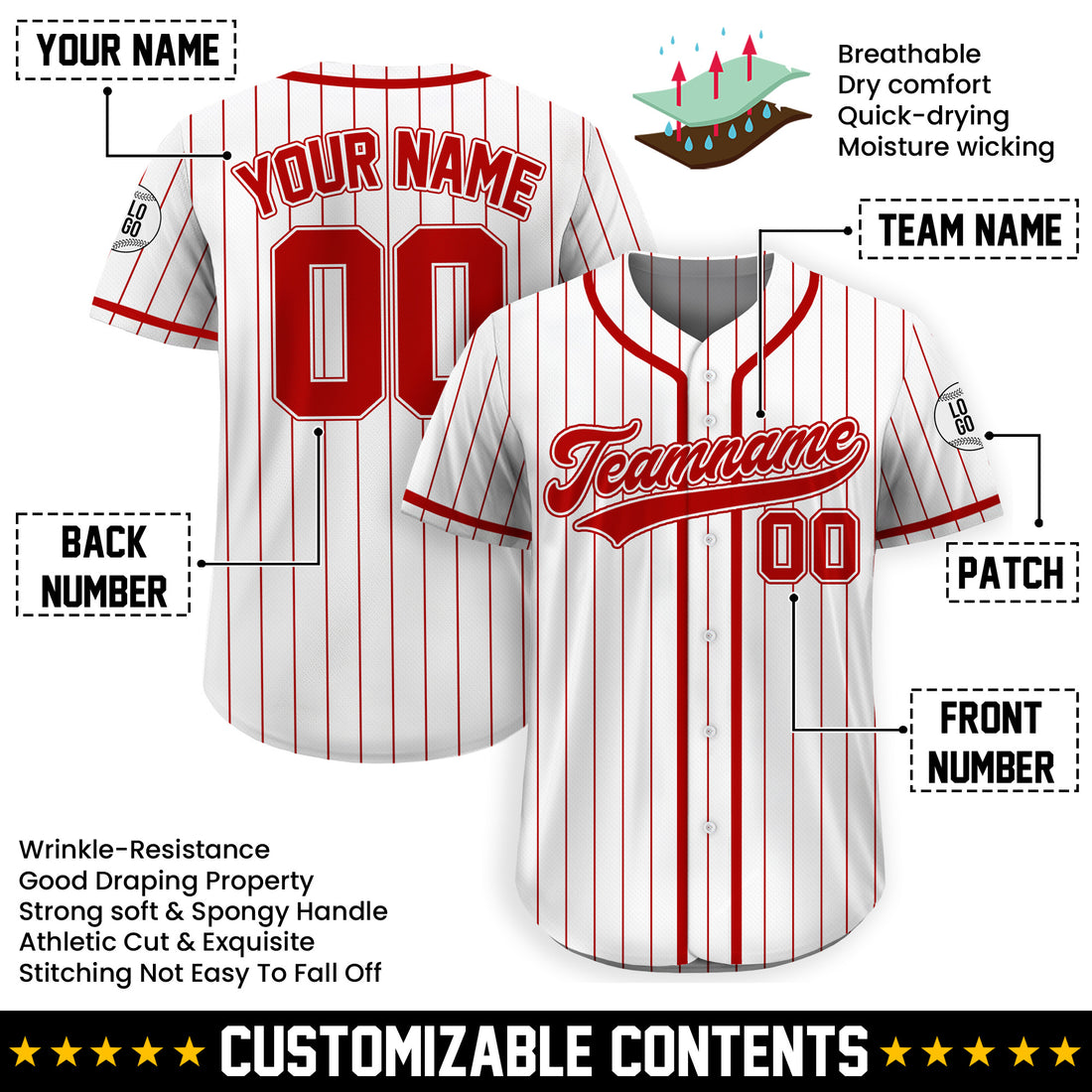 Custom White Red Fine Pinstripe Baseball Shirt