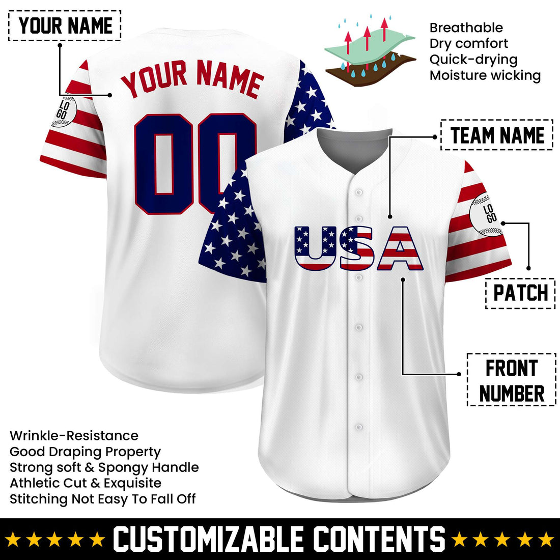 Custom White USA Pride Baseball Jersey