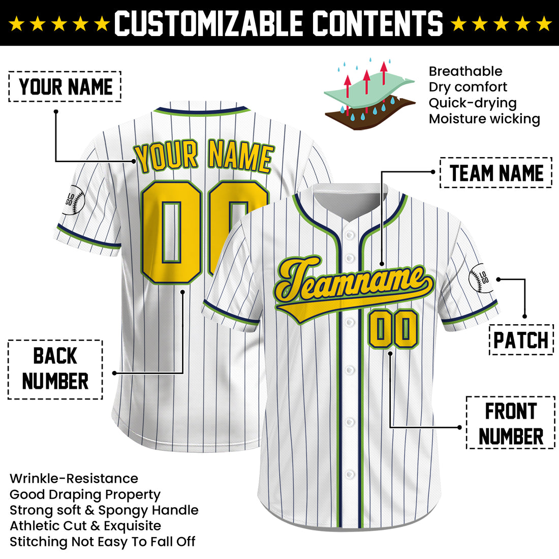 Custom White Yellow Pinstripe Baseball Jersey, Personalized Team Name & Number Jersey for Men Women Youth