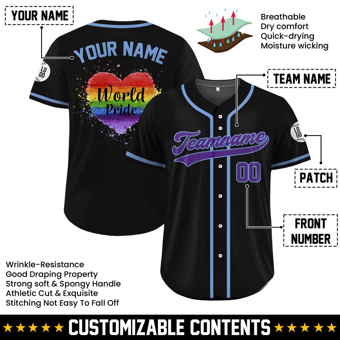 Custom World Pride Rainbow Heart White Red Baseball Jersey