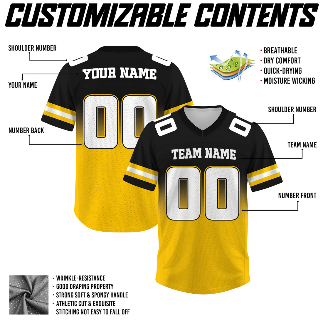Custom Yellow Black Gradient Football Jersey, Personalized Team Name Number Football Jersey for Men Women Youth