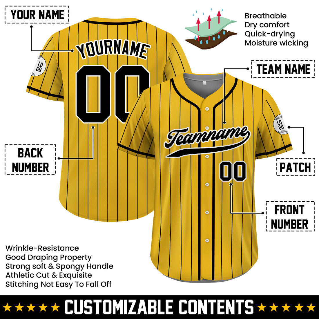Custom Yellow Black Striped Baseball Jersey