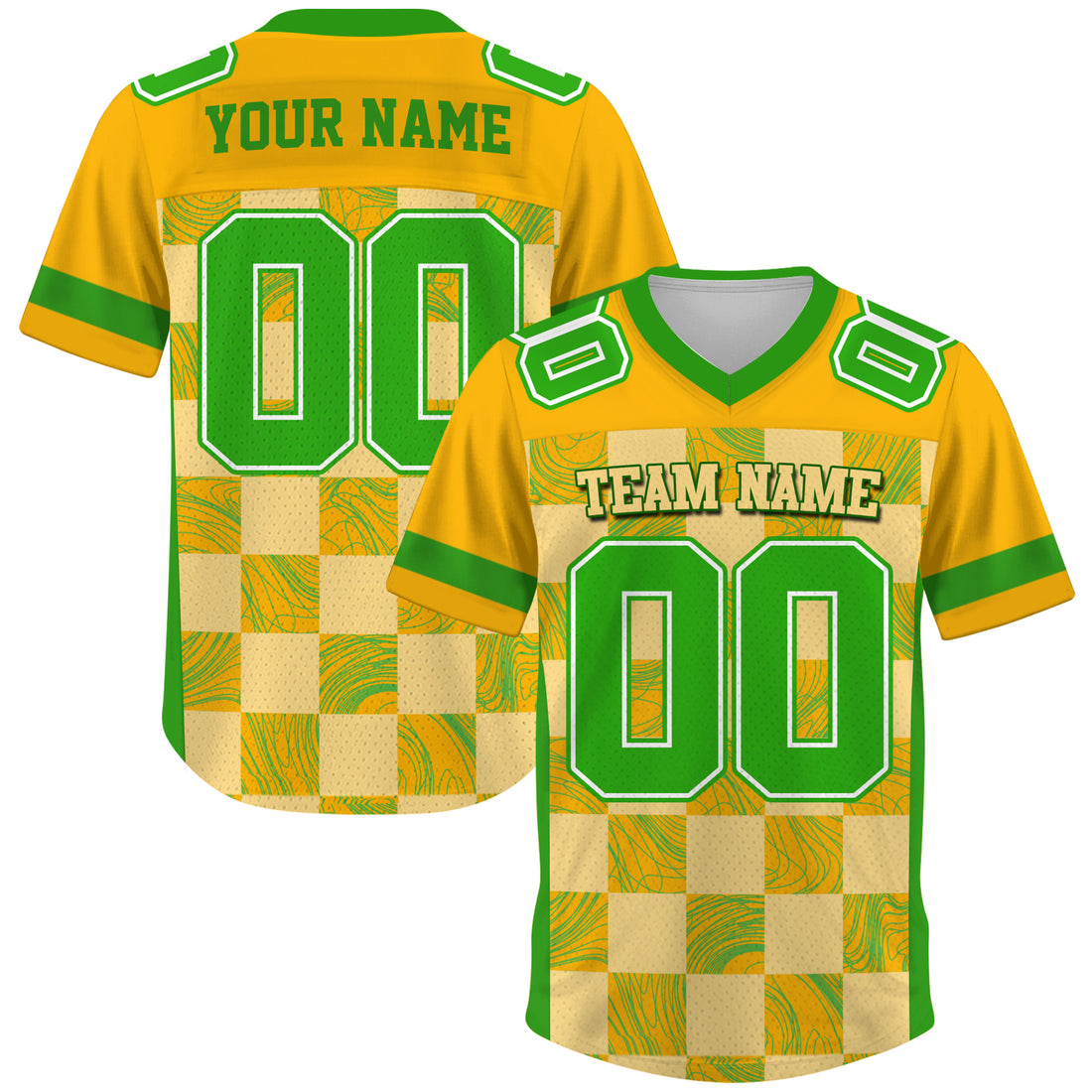 Custom Yellow Green Chess Pattern Football Jersey, Personalized Concert Outfit Football Fan Tee