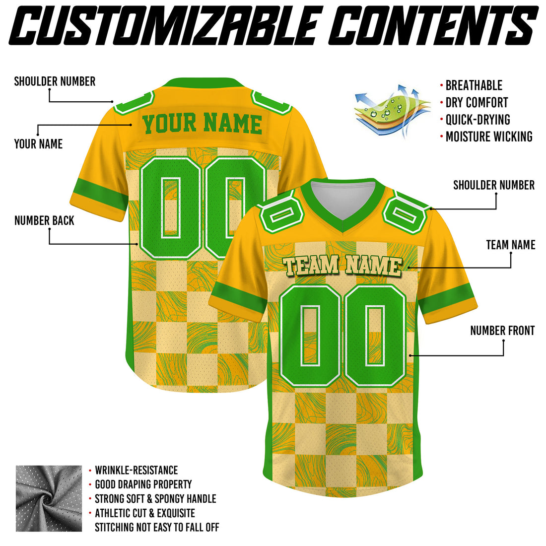 Custom Yellow Green Chess Pattern Football Jersey, Personalized Concert Outfit Football Fan Tee