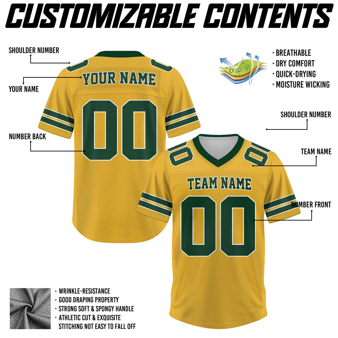 Custom Yellow Green Football Jersey, Personalized Football Jerseys For Adults