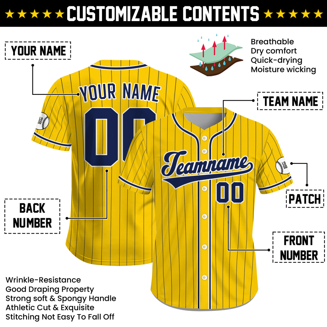 Custom Yellow Navy Pinstripe Baseball Jersey, Personalized Team Name & Number Jersey for Men Women Youth