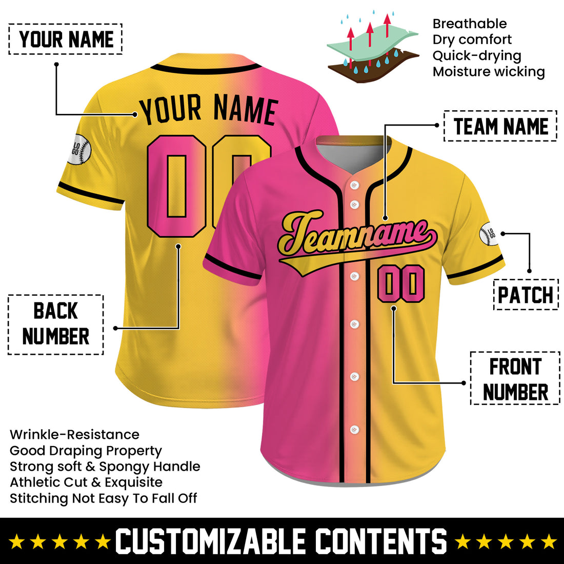 Custom Yellow Pink Fade Sports Baseball Uniform