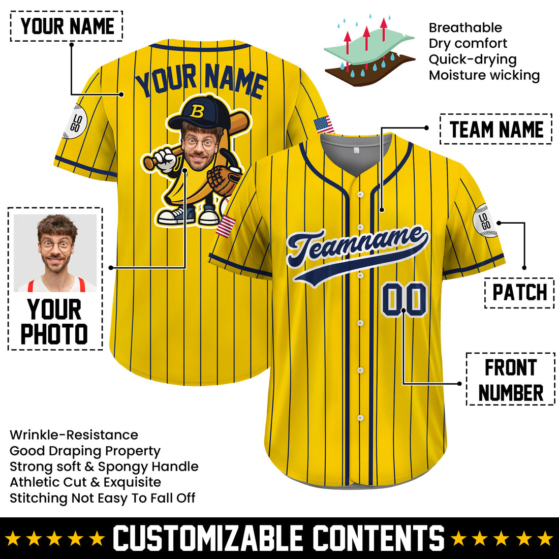 Custom Yellow Pinstripe Baseball Jersey with Your Face, Funny Novelty Gift for Men & Women