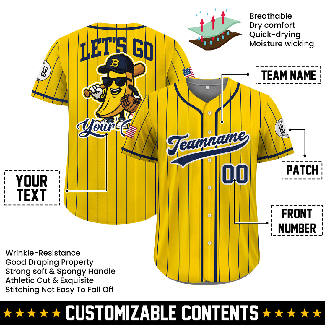 Custom Yellow Pinstripe Funny Baseball Jersey, Personalized Gift for Men, Women, Team Fans
