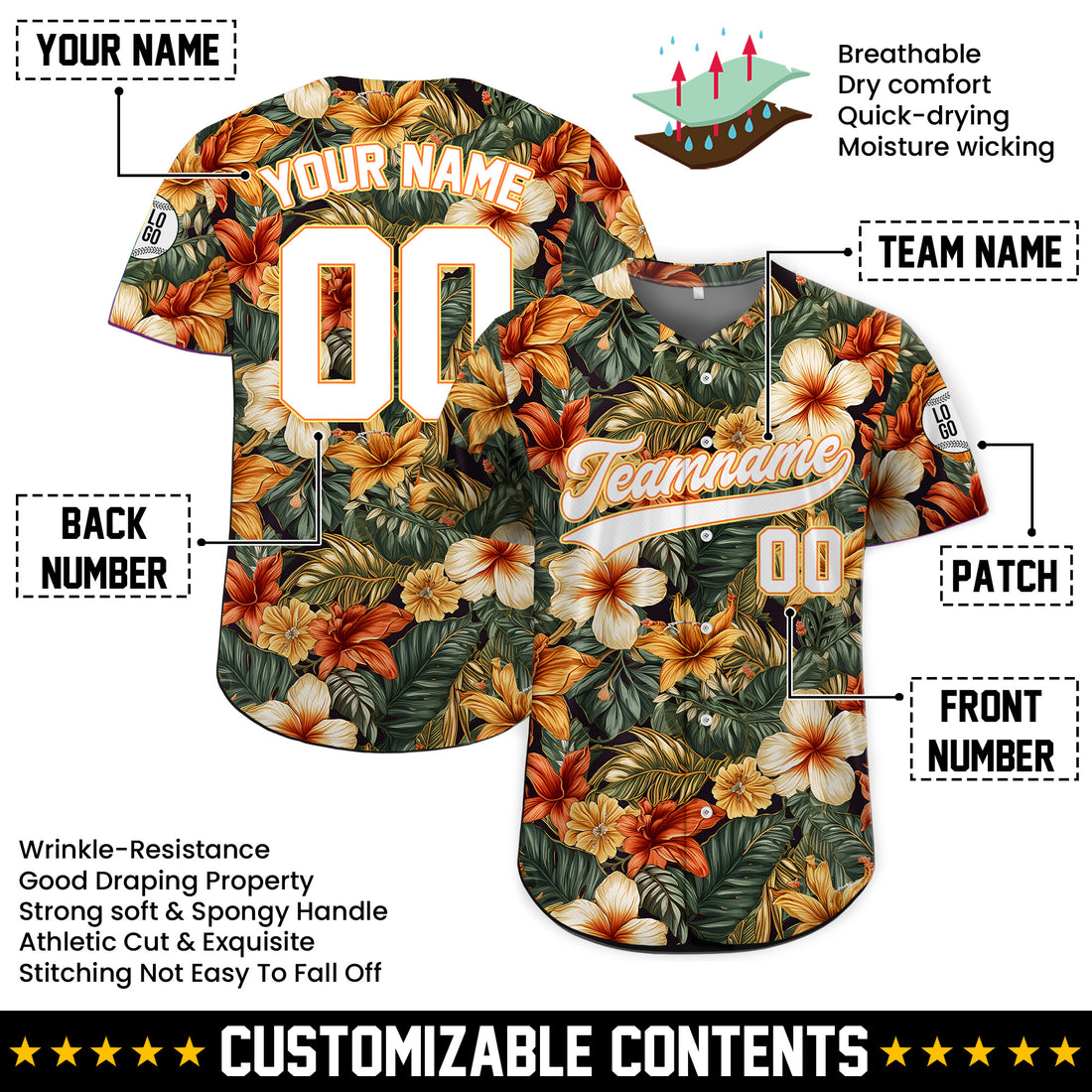 Personalized Autumn Hibiscus Hawaiian Baseball Jersey