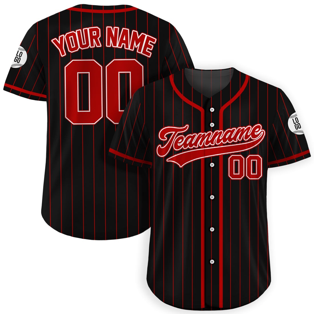 Personalized Black Red Pinstriped Baseball Uniform