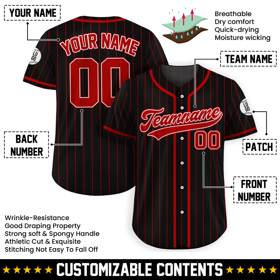 Personalized Black Red Pinstriped Baseball Uniform