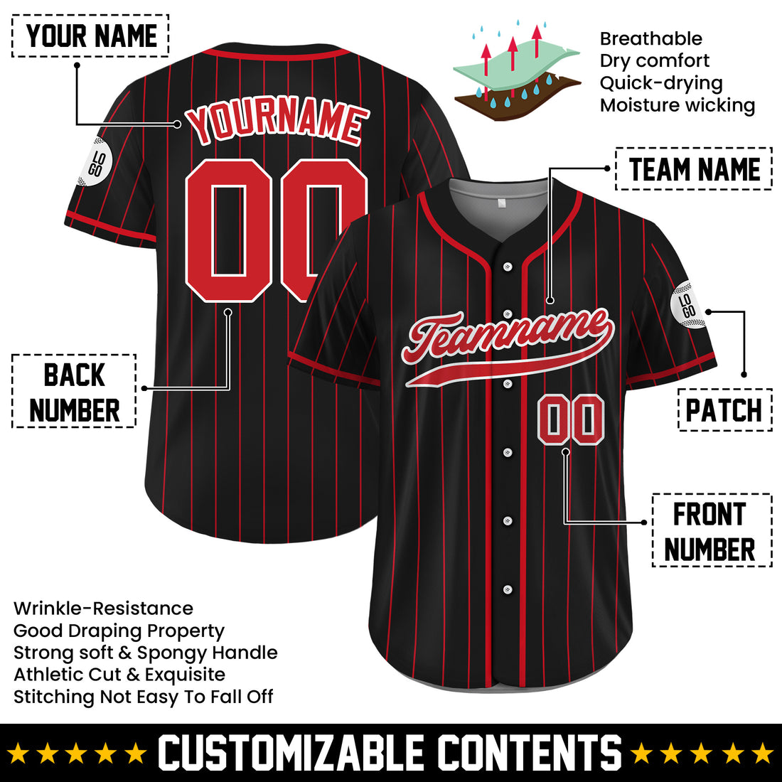 Personalized Black Striped Red Accents Baseball Jersey