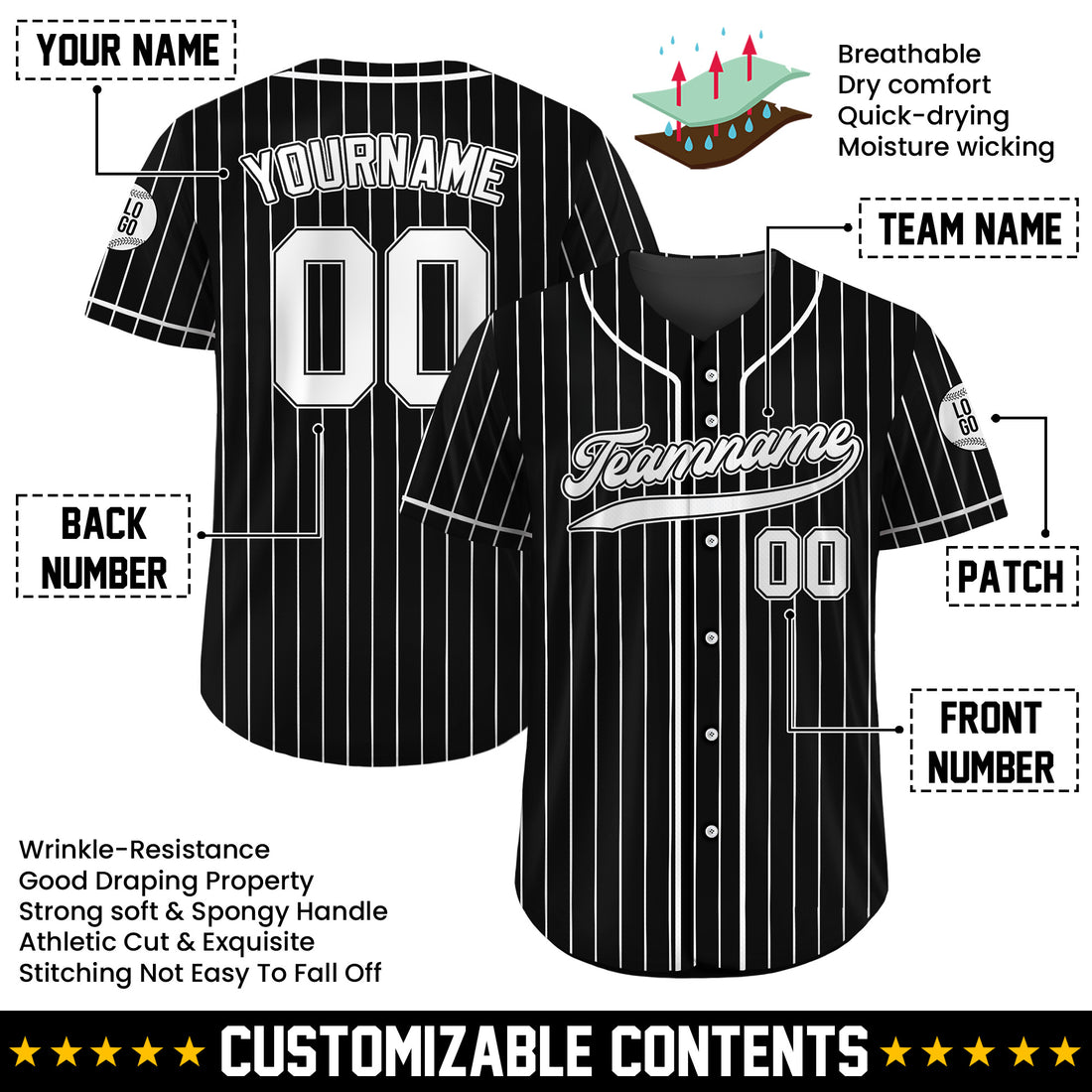 Personalized Black White Pinstriped Baseball Jersey