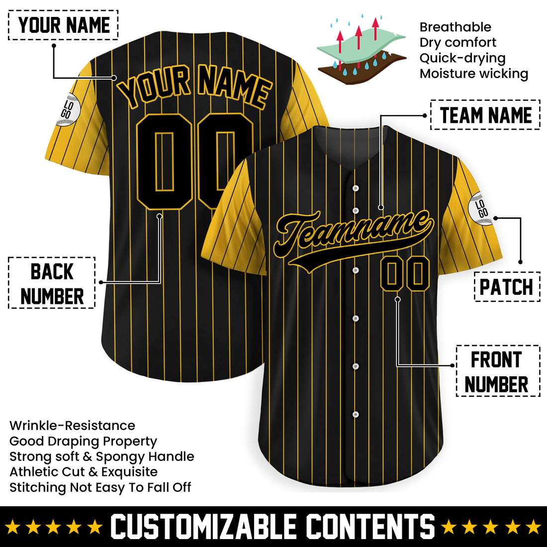 Personalized Black Yellow Striped Baseball Jersey