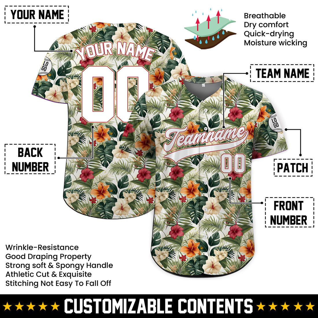 Personalized Classic Hibiscus Hawaiian Baseball Jersey