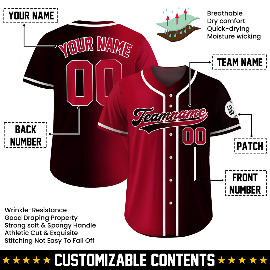 Personalized Crimson Shadow Gradient Baseball Jersey