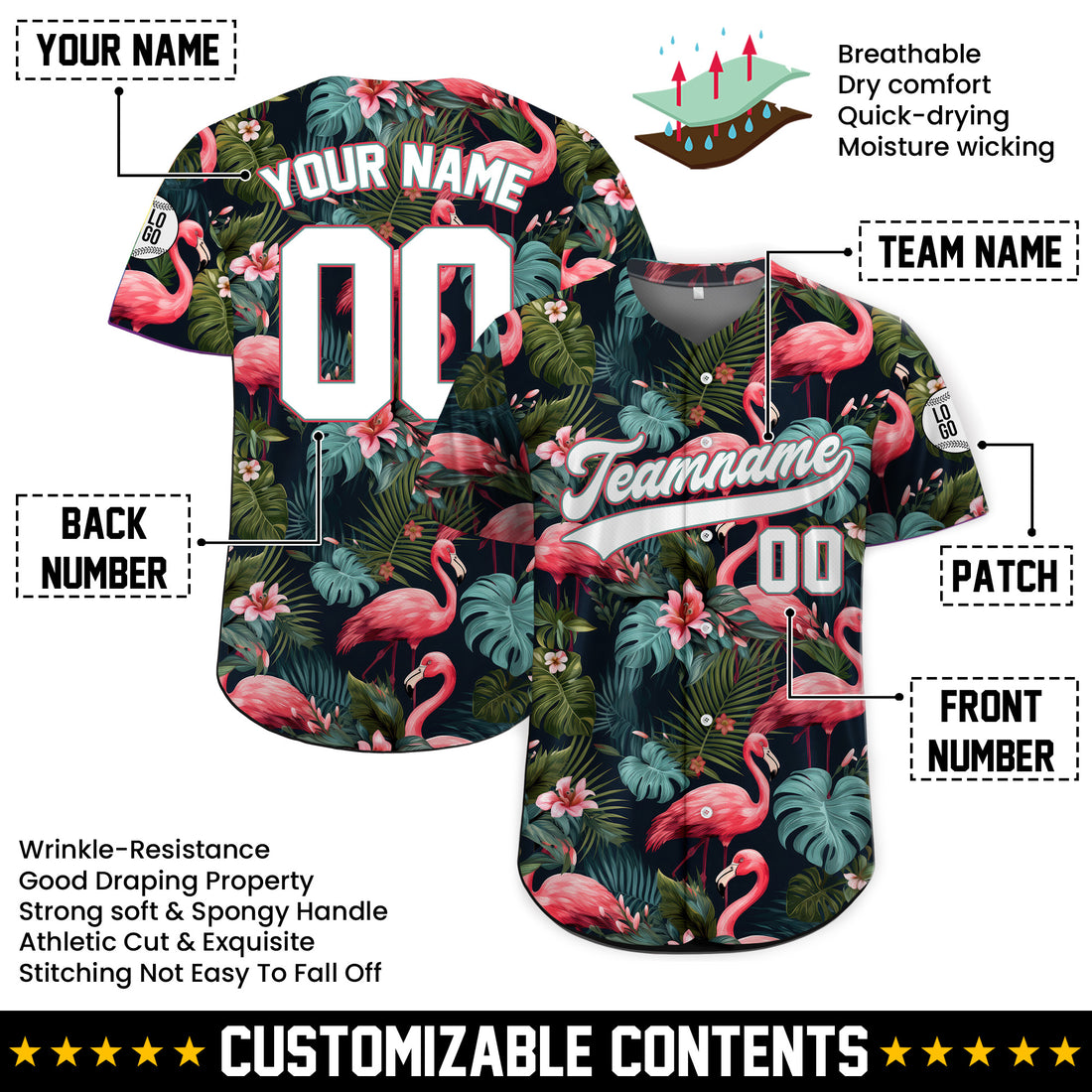 Personalized Flamingo Floral Hawaiian Baseball Jersey