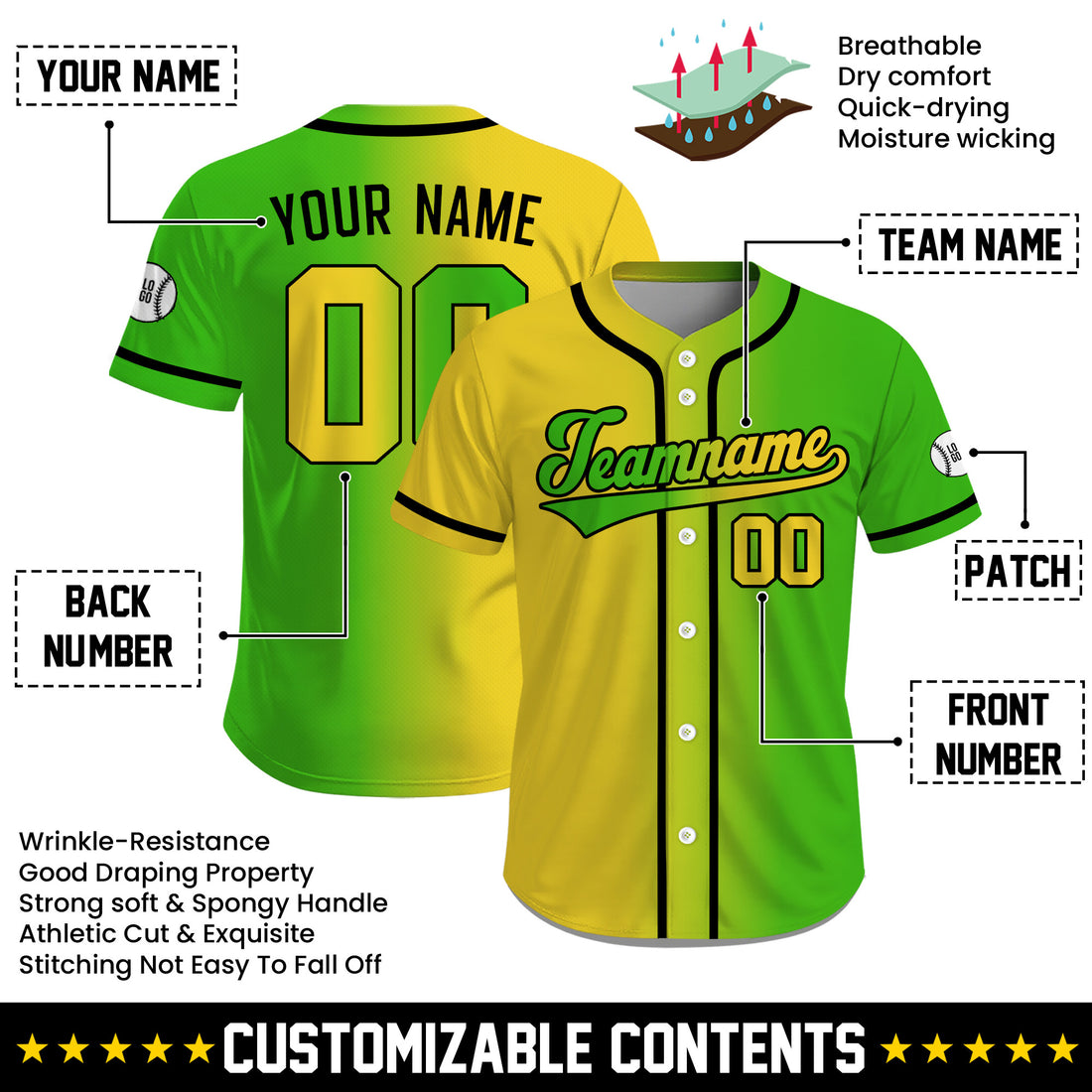 Personalized Gradient Yellow Gold Baseball Jersey