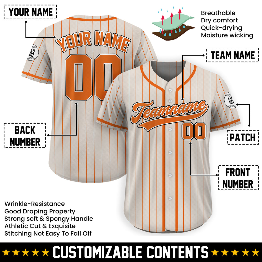 Personalized Gray and Orange Pinstripe Baseball Jersey
