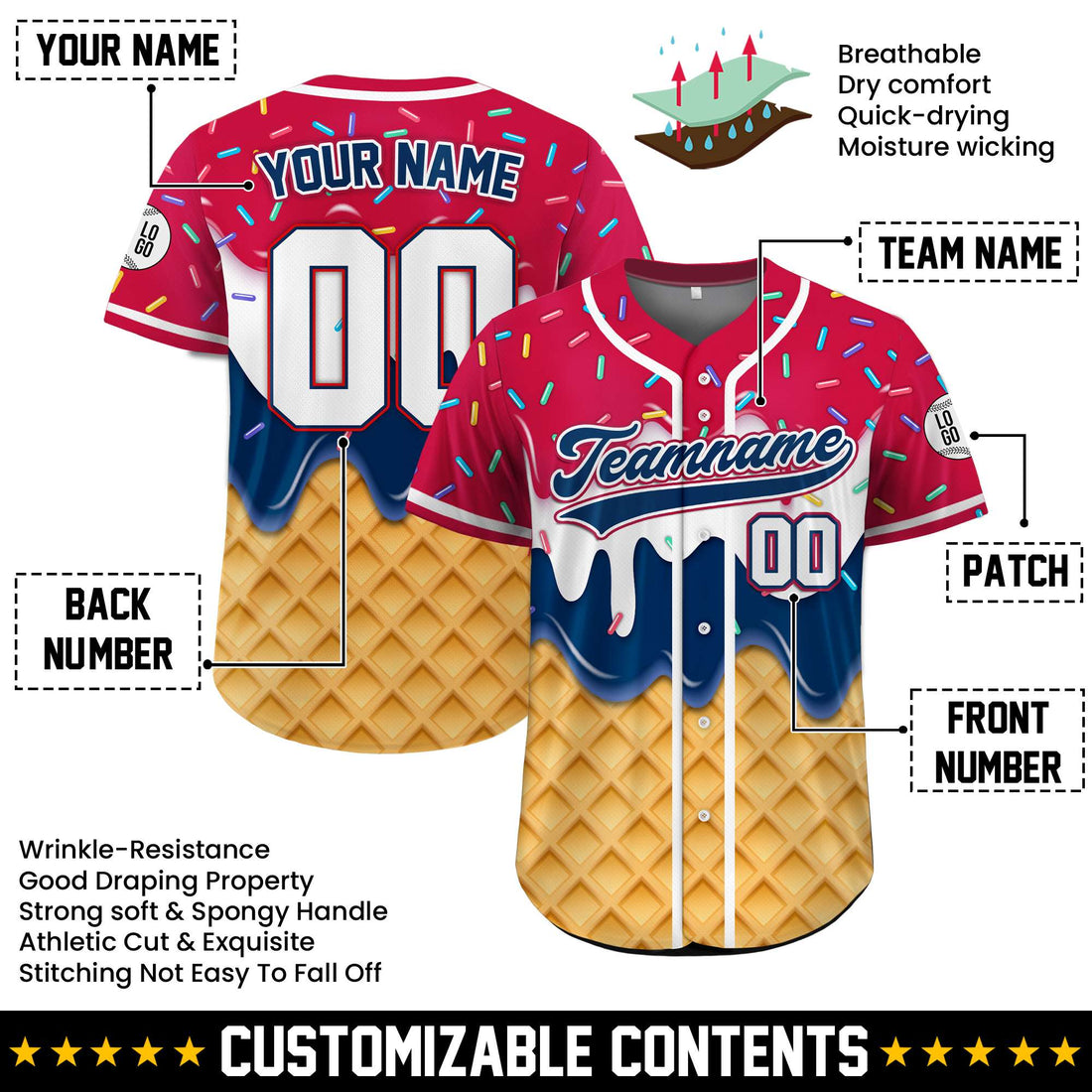 Personalized Ice Cream Dripping Independence Day Baseball Jersey