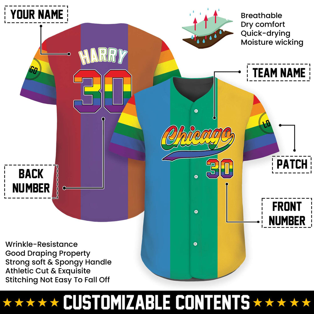 Personalized LGBTQ+ Full Rainbow Panel Pride Jersey