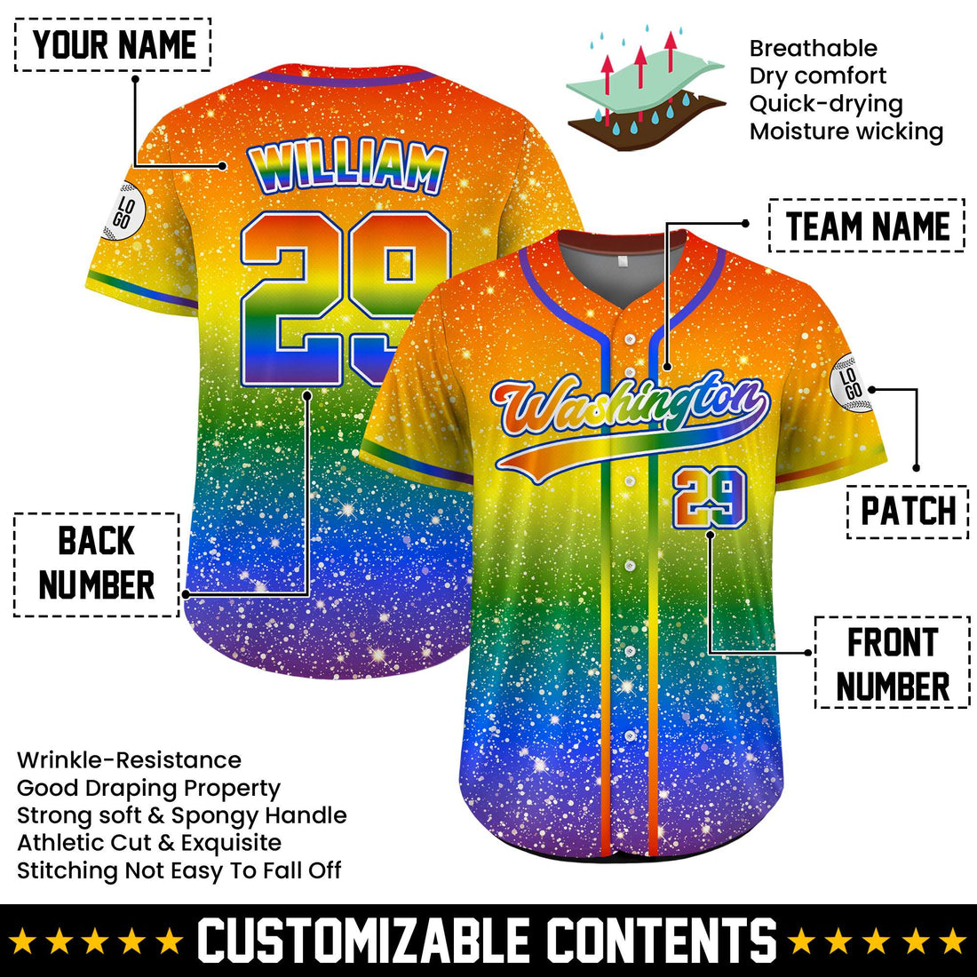 Personalized LGBT Rainbow Gradient Baseball Jersey